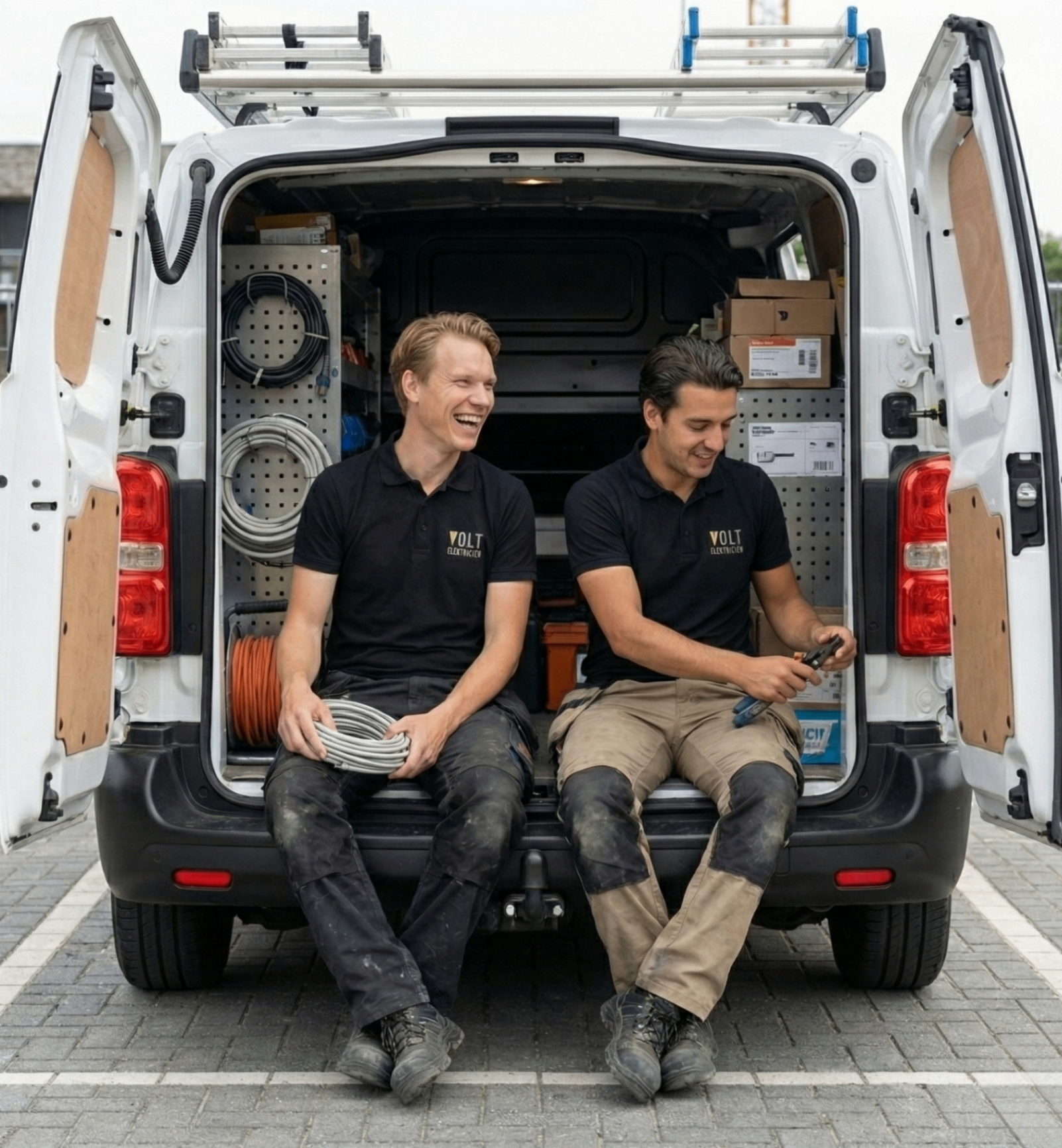 Het team van Elektricien Almere staat bij de bedrijfsbus, klaar voor service in heel Almere